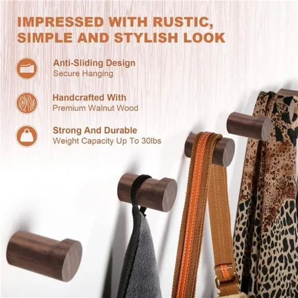 Wood Wall Hooks 6 Pack, Natural Wooden Coat Hooks Wall Mounted, Handmade Rustic - Picture 11 of 14